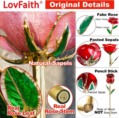 Valentines Day Real Rose Dipped 24K Gold with Crystal Stand, Best Original Rose Gift for Her Wife Anniversary Birthday